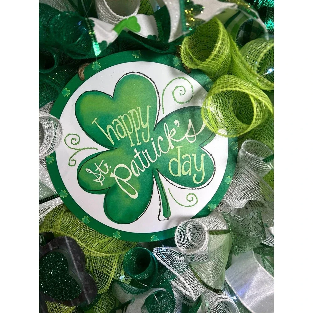 Handmade Happy St. Patrick’s Day Ribbon Prelit Wreath 22 ins LED W11